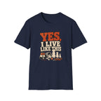 “Yes, I Live Like This” Funny Cozy Homebody Tee (Pets & Snacks Design)