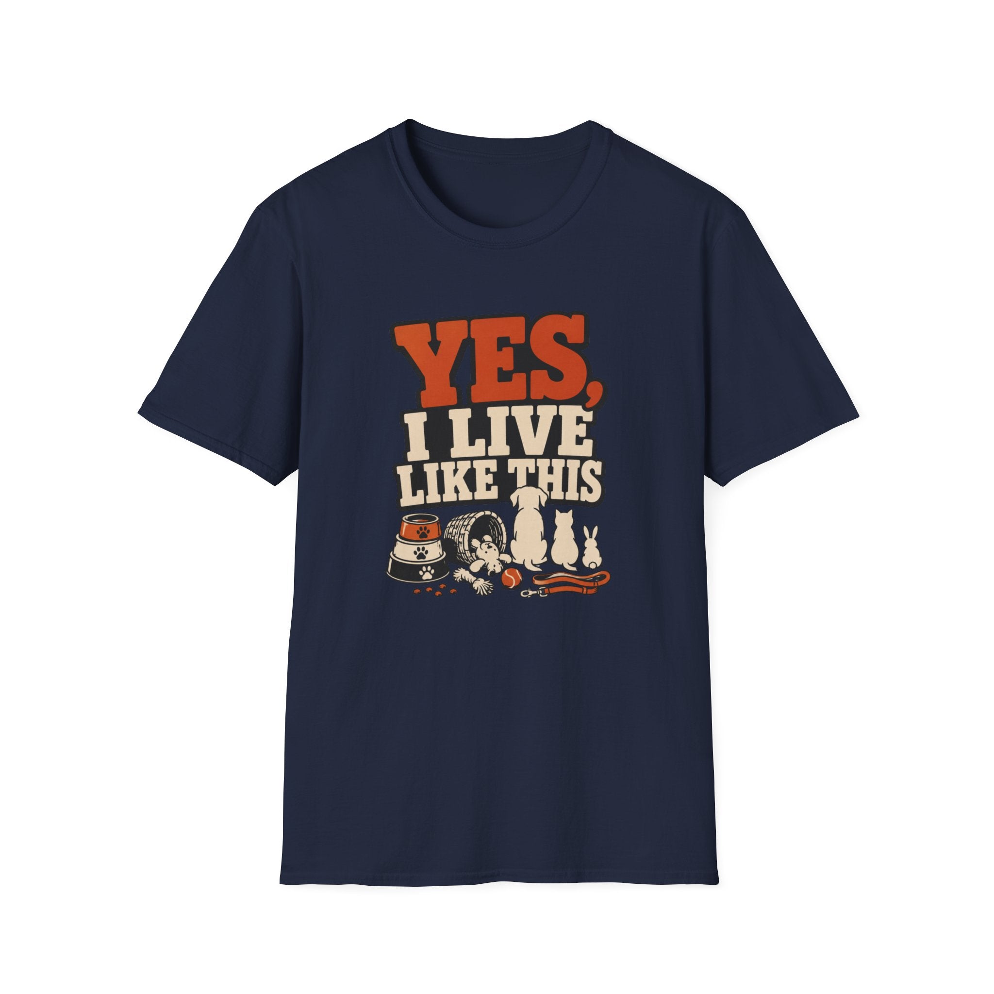 “Yes, I Live Like This” Funny Cozy Homebody Tee (Pets & Snacks Design)