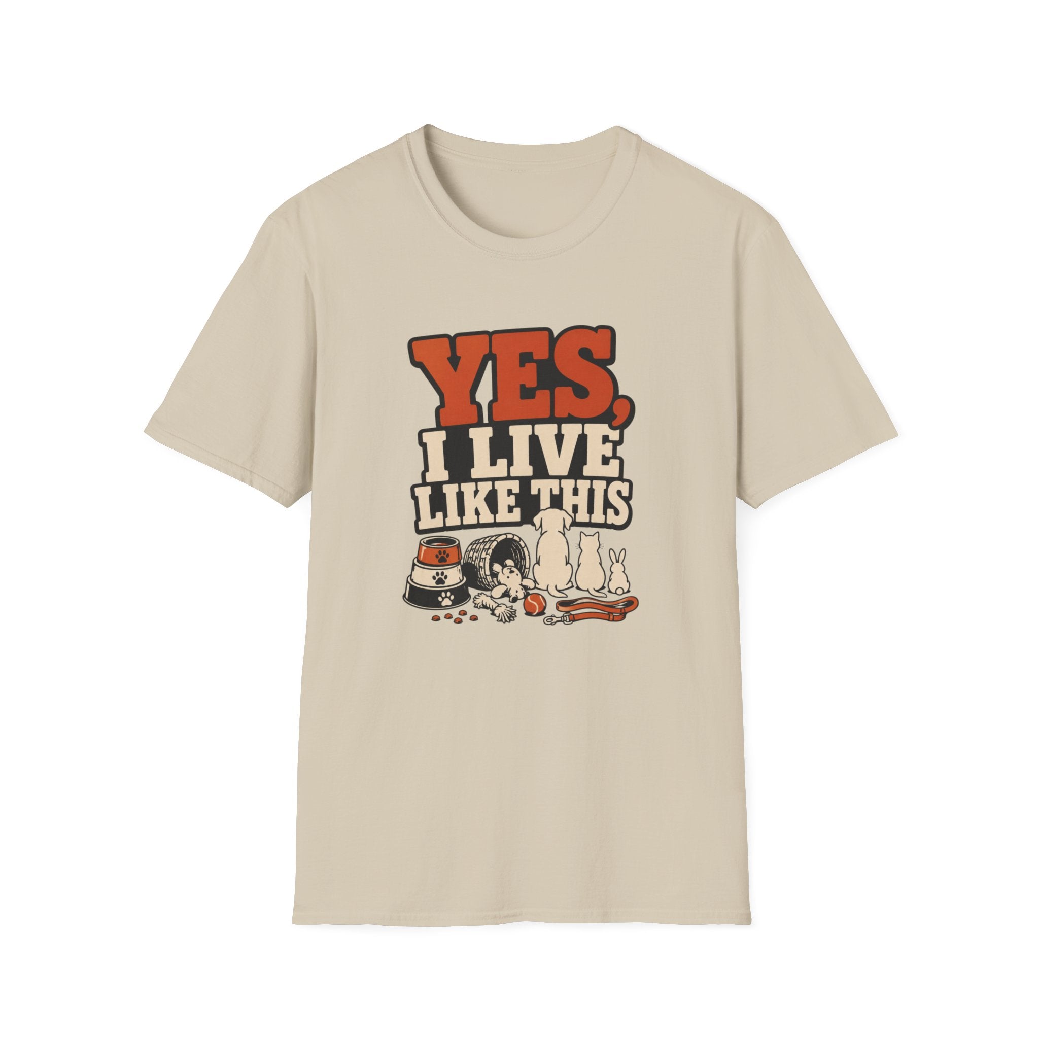 “Yes, I Live Like This” Funny Cozy Homebody Tee (Pets & Snacks Design)