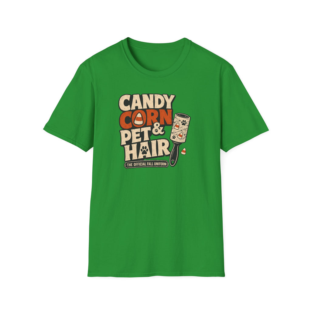Candy Corn & Pet Hair T-Shirt — Funny Halloween Cat & Dog Lover Tee