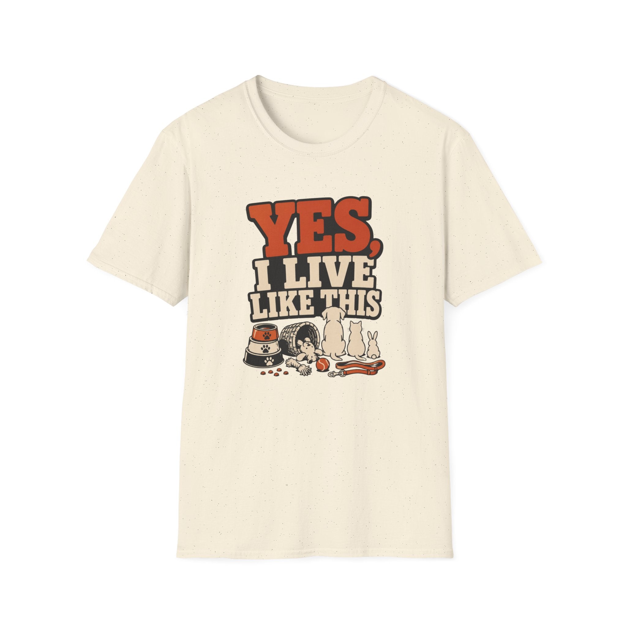 “Yes, I Live Like This” Funny Cozy Homebody Tee (Pets & Snacks Design)