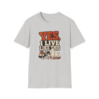 “Yes, I Live Like This” Funny Cozy Homebody Tee (Pets & Snacks Design)
