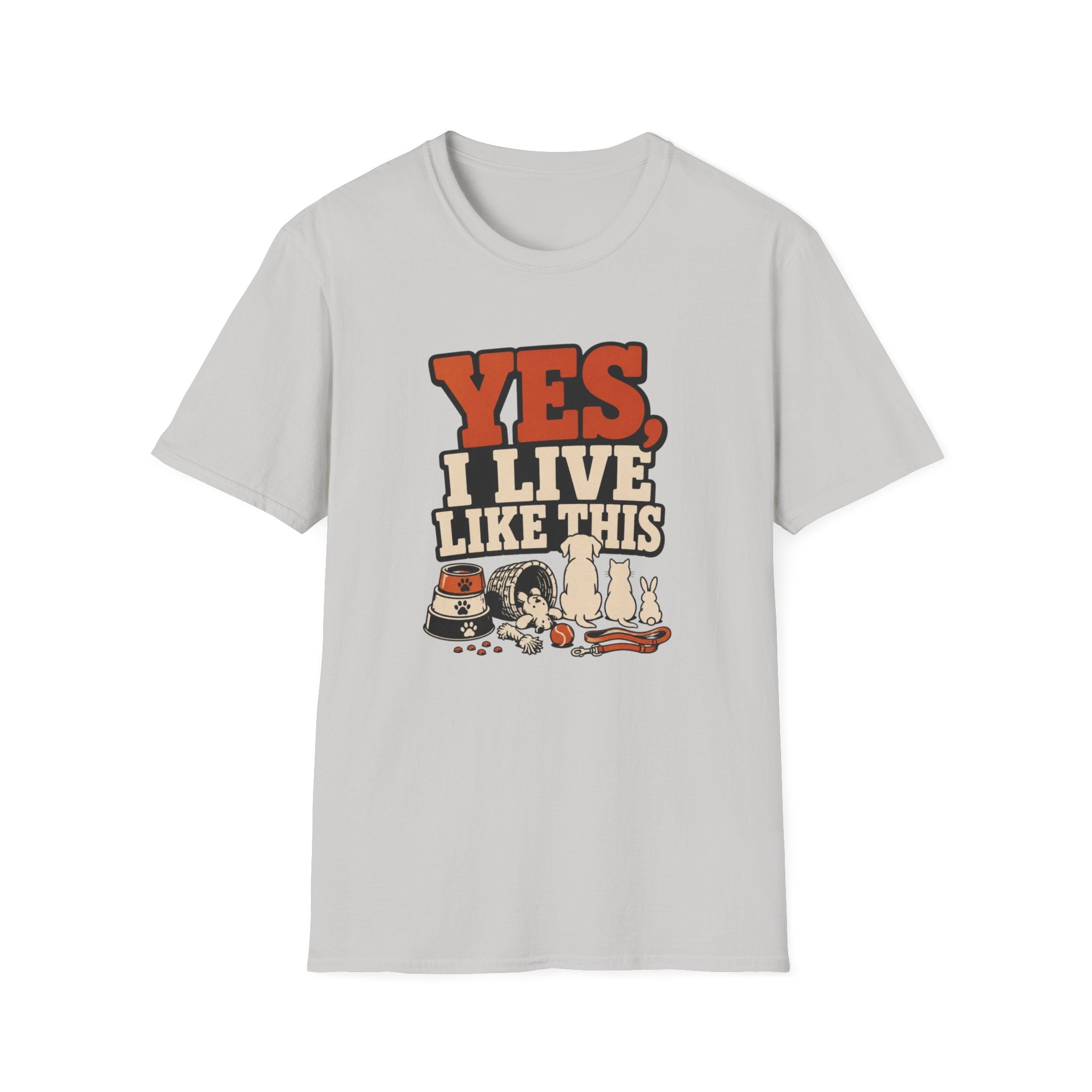 “Yes, I Live Like This” Funny Cozy Homebody Tee (Pets & Snacks Design)