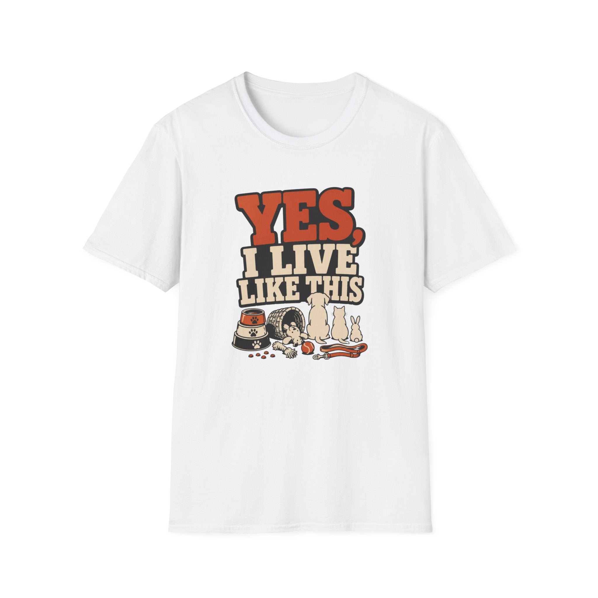 “Yes, I Live Like This” Funny Cozy Homebody Tee (Pets & Snacks Design)