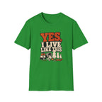 “Yes, I Live Like This” Funny Cozy Homebody Tee (Pets & Snacks Design)