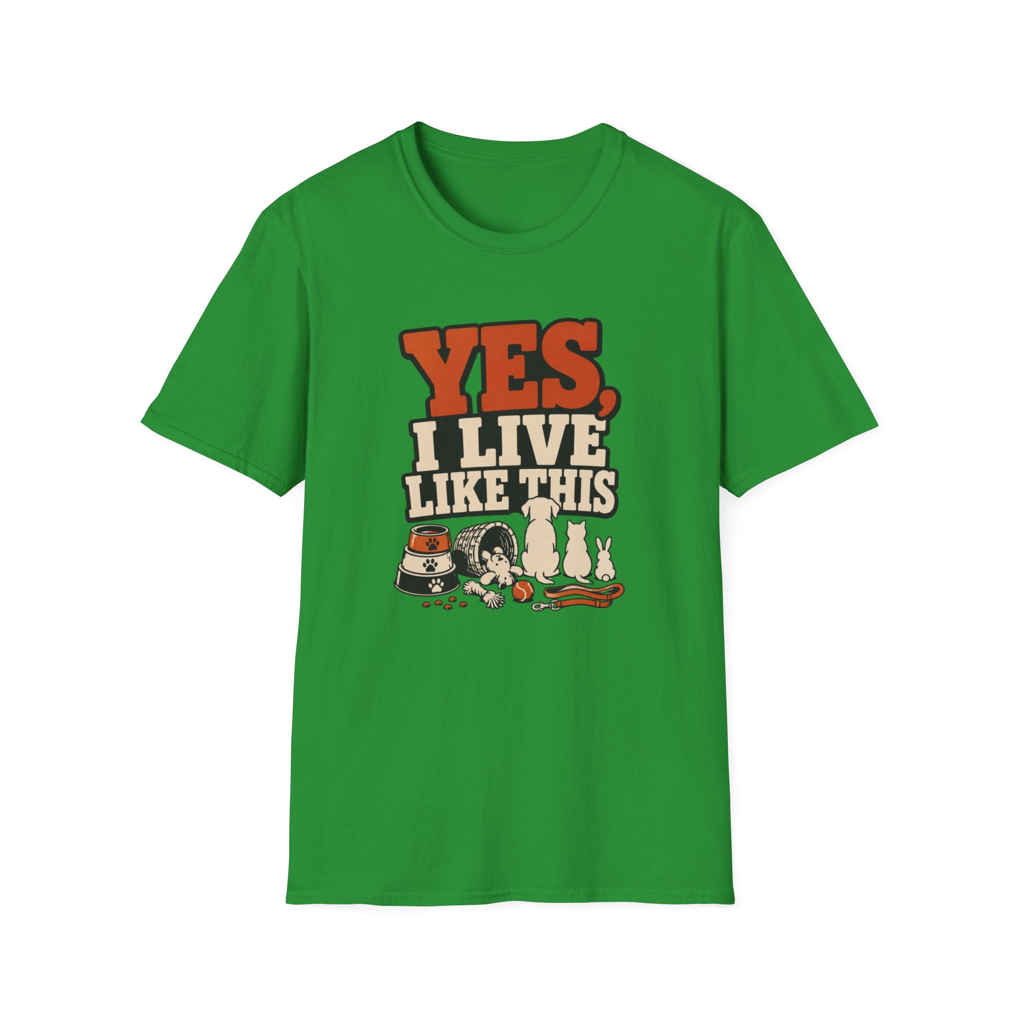 “Yes, I Live Like This” Funny Cozy Homebody Tee (Pets & Snacks Design)