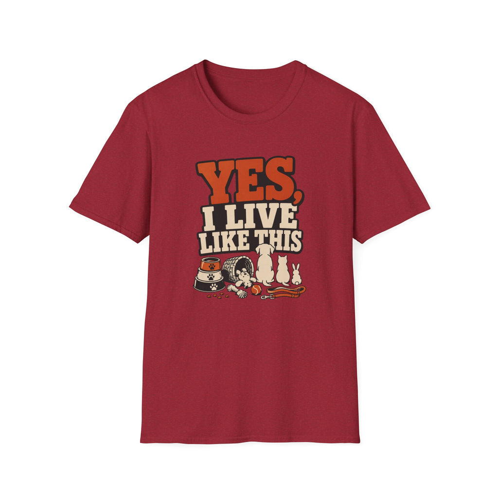 “Yes, I Live Like This” Funny Cozy Homebody Tee (Pets & Snacks Design)