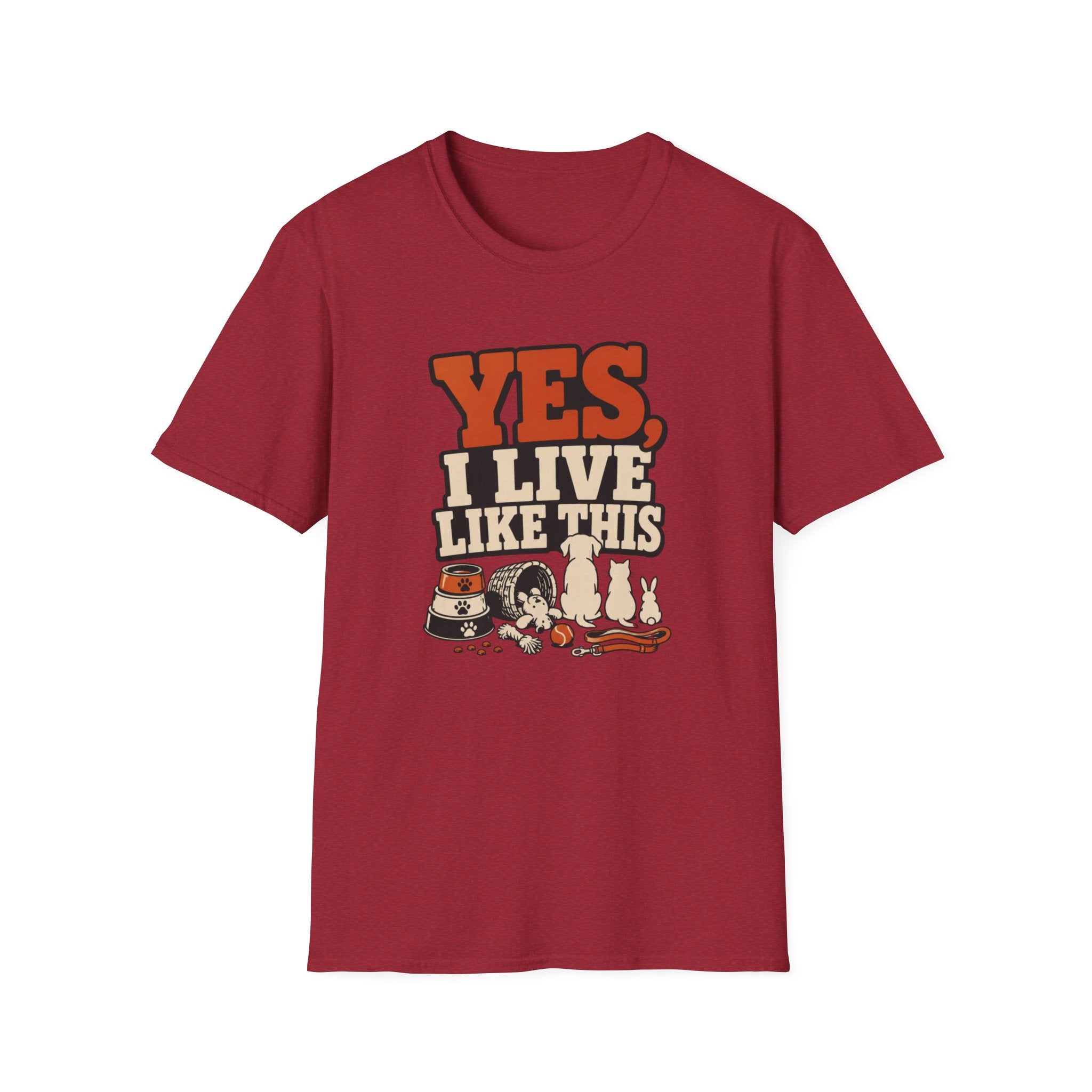 “Yes, I Live Like This” Funny Cozy Homebody Tee (Pets & Snacks Design)