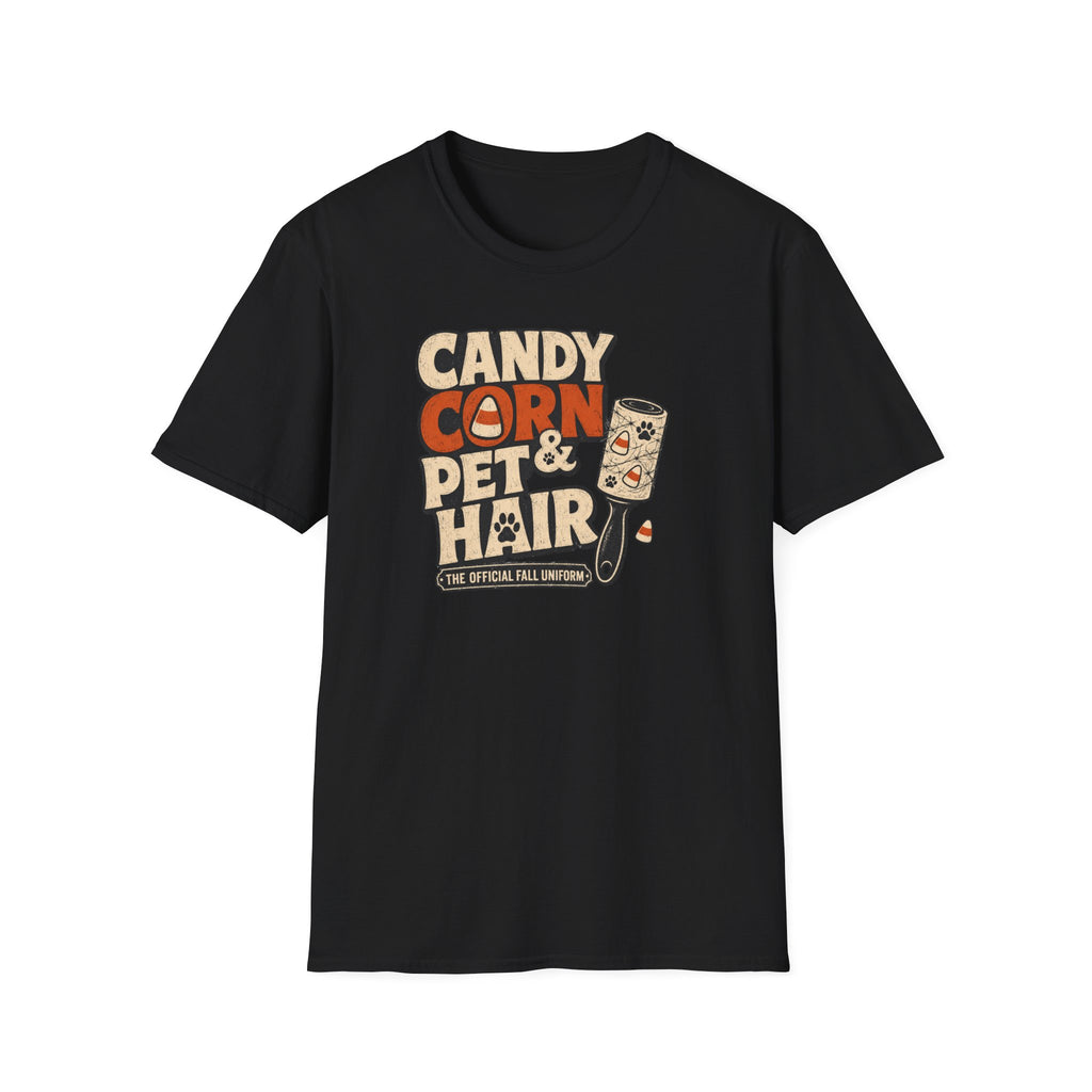 Candy Corn & Pet Hair T-Shirt — Funny Halloween Cat & Dog Lover Tee