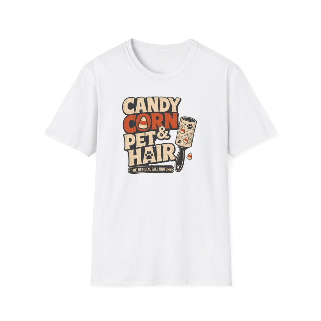 Candy Corn & Pet Hair T-Shirt — Funny Halloween Cat & Dog Lover Tee