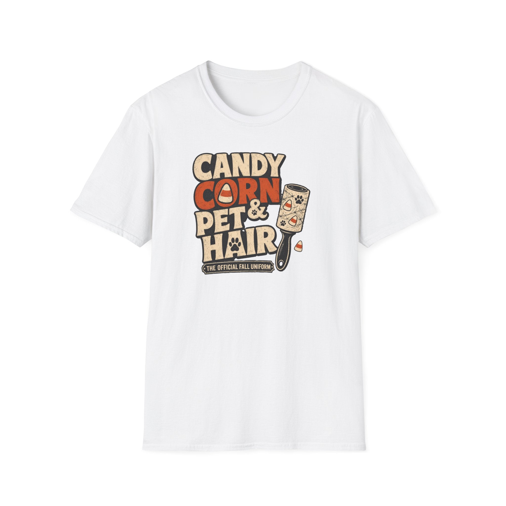 Candy Corn & Pet Hair T-Shirt — Funny Halloween Cat & Dog Lover Tee