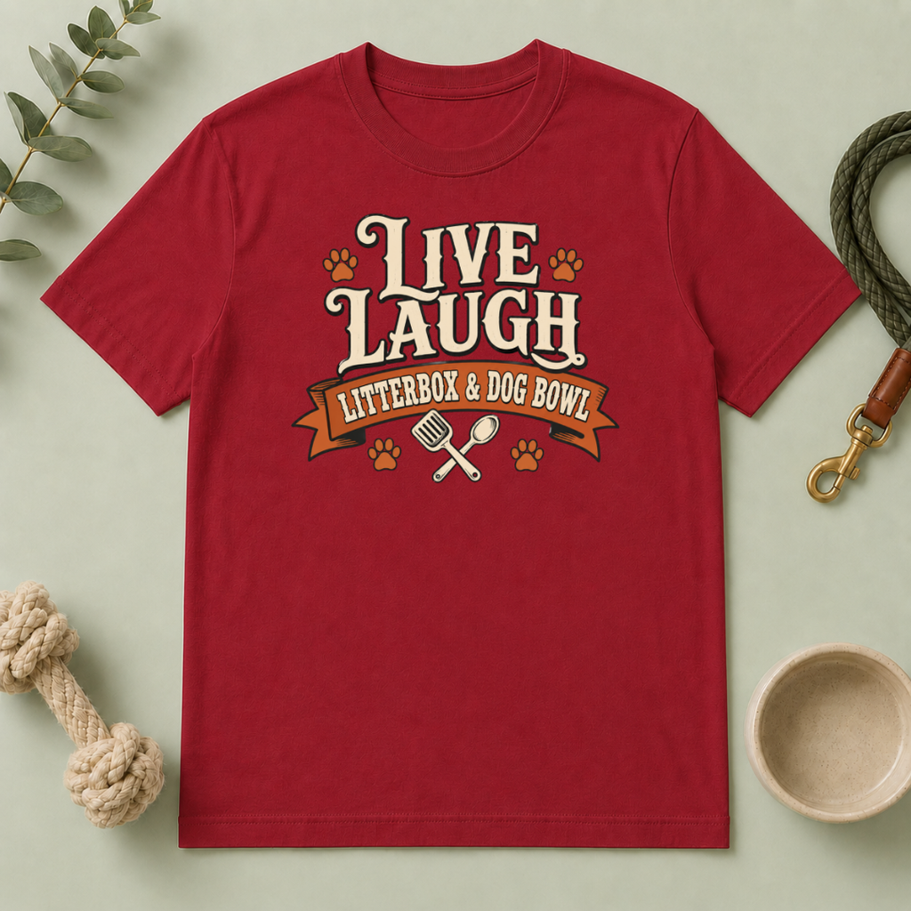 Live Laugh Litterbox & Dog Bowl – Dog & Cat Rivalry T-Shirt