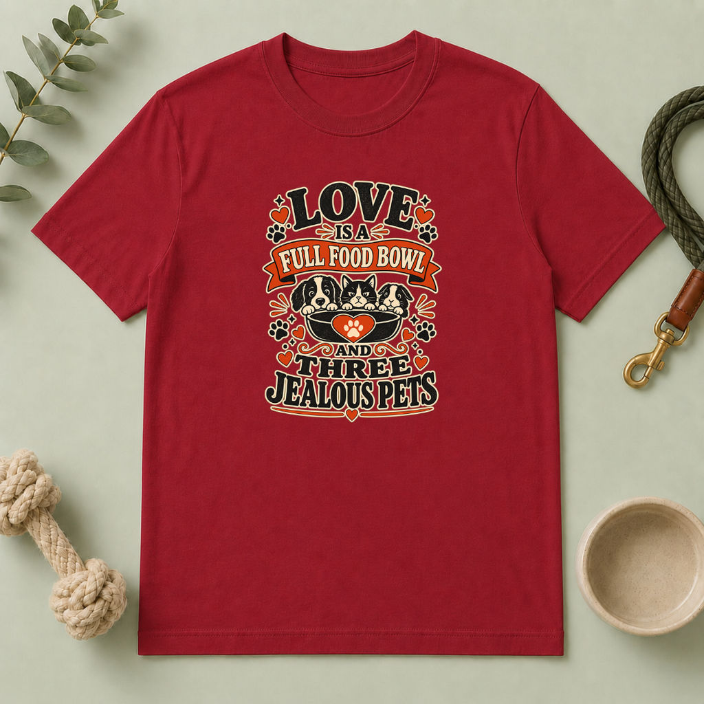Love Is a Full Food Bowl and Three Jealous Pets Valentine T-Shirt