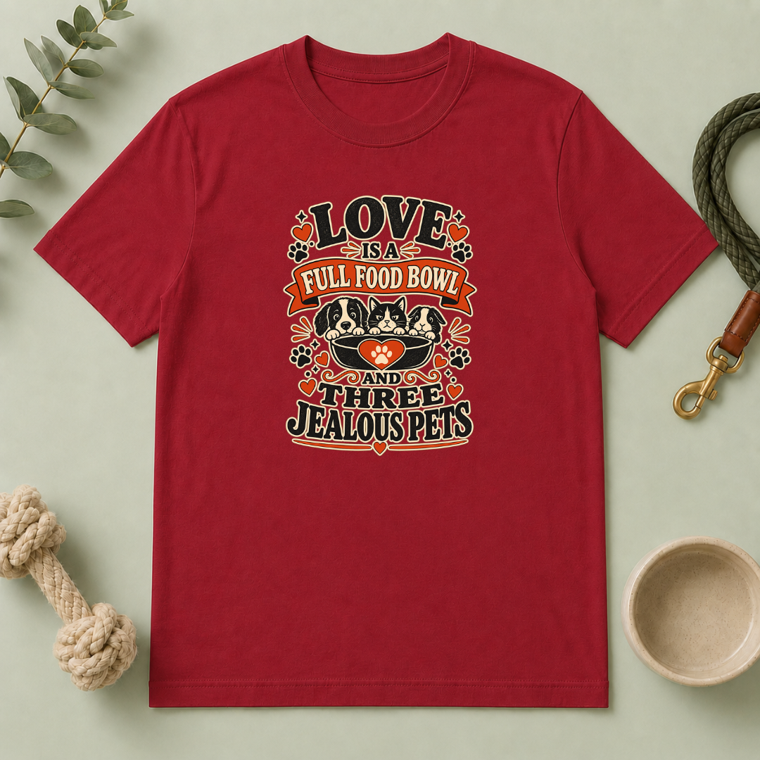 Love Is a Full Food Bowl and Three Jealous Pets Valentine T-Shirt