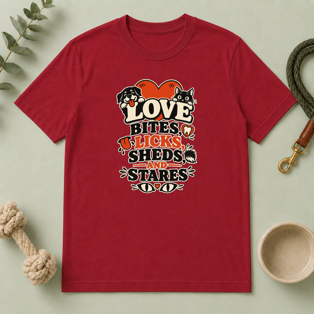 Love Bites Licks Sheds and Stares Valentine Pet T-Shirt
