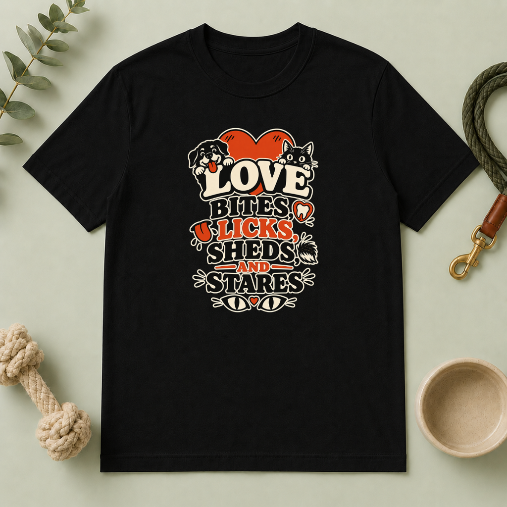 Love Bites Licks Sheds and Stares Valentine Pet T-Shirt