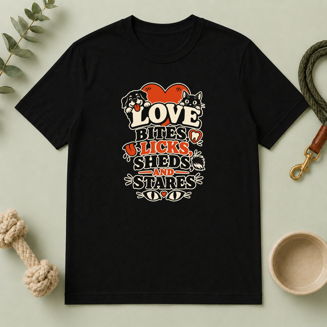 Love Bites Licks Sheds and Stares Valentine Pet T-Shirt