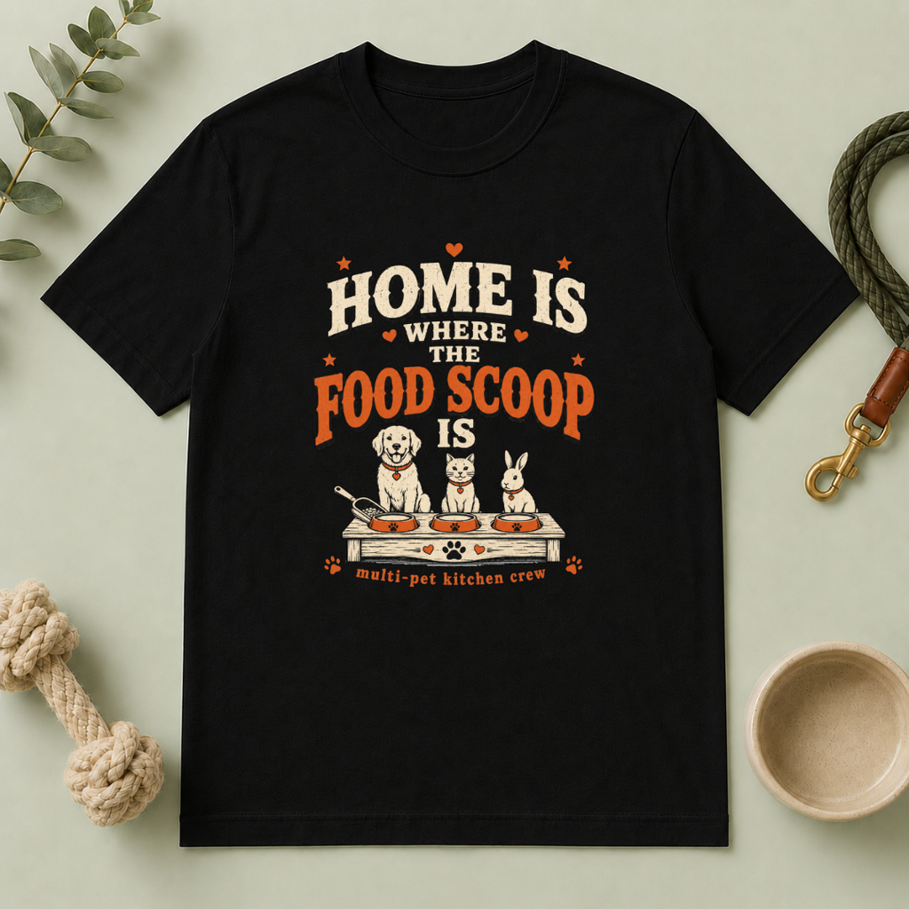 Home Is Where the Food Scoop Is – Multi-Pet Lifestyle T-Shirt