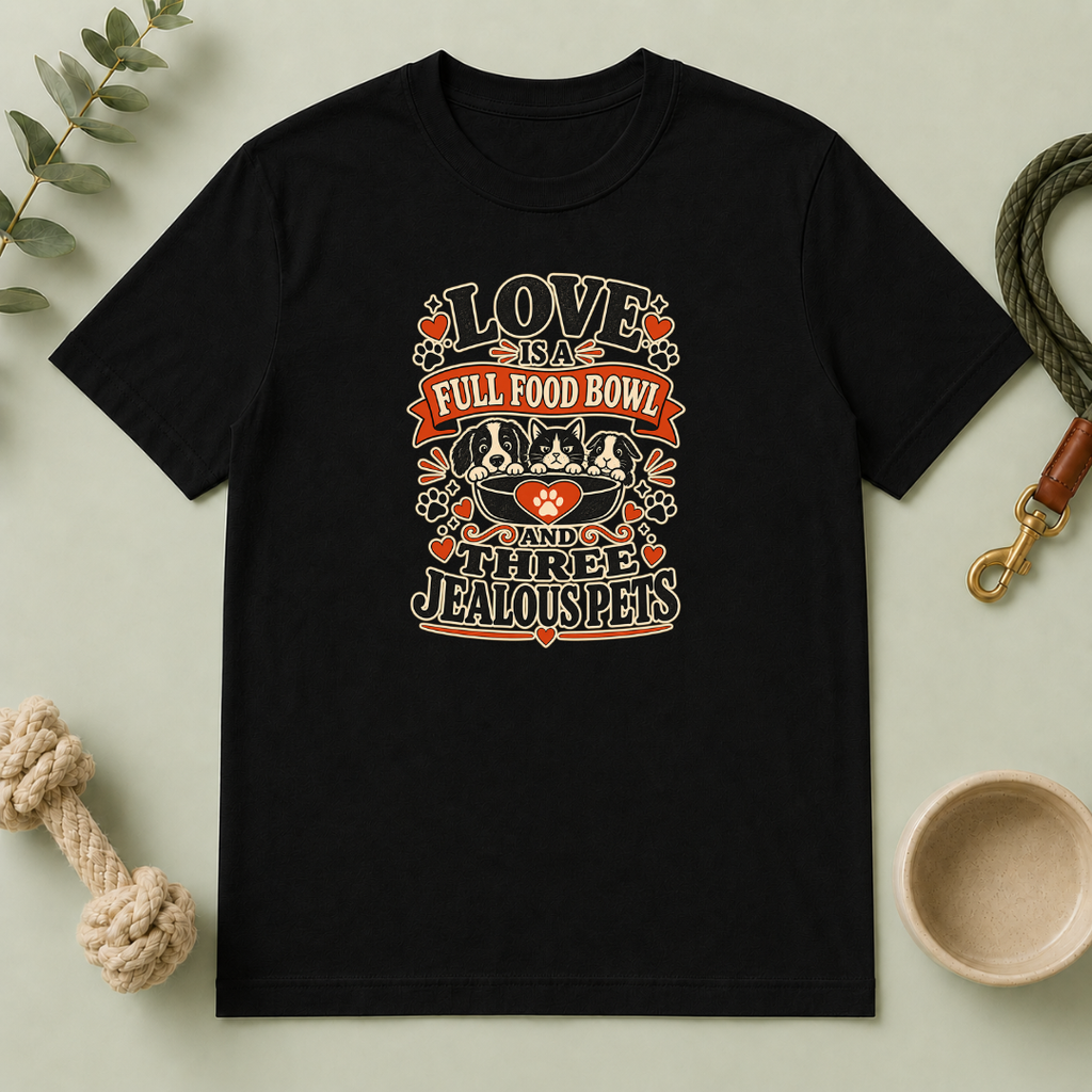 Love Is a Full Food Bowl and Three Jealous Pets Valentine T-Shirt