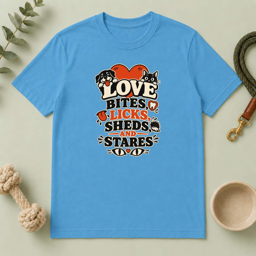 Love Bites Licks Sheds and Stares Valentine Pet T-Shirt