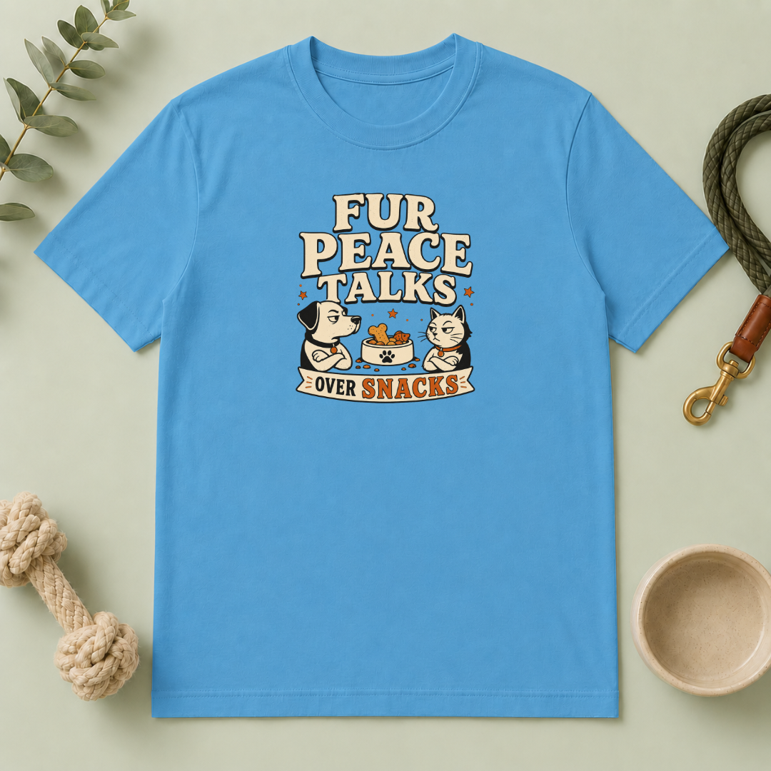 Fur Peace Talks Over Snacks – Dog & Cat Rivalry T-Shirt