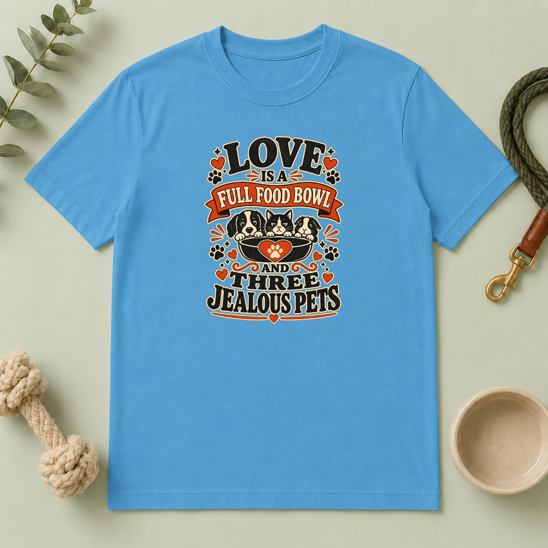Love Is a Full Food Bowl and Three Jealous Pets Valentine T-Shirt