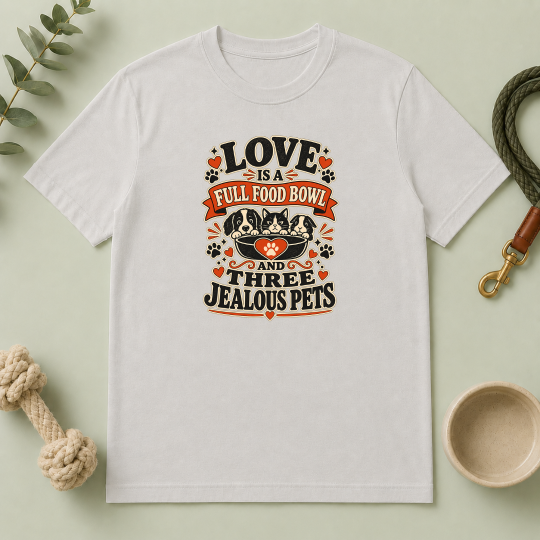 Love Is a Full Food Bowl and Three Jealous Pets Valentine T-Shirt