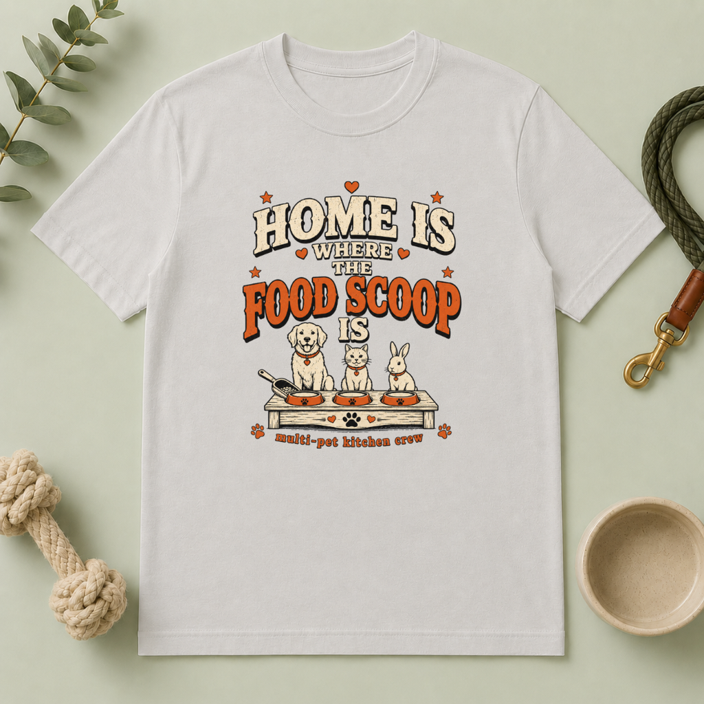 Home Is Where the Food Scoop Is – Multi-Pet Lifestyle T-Shirt