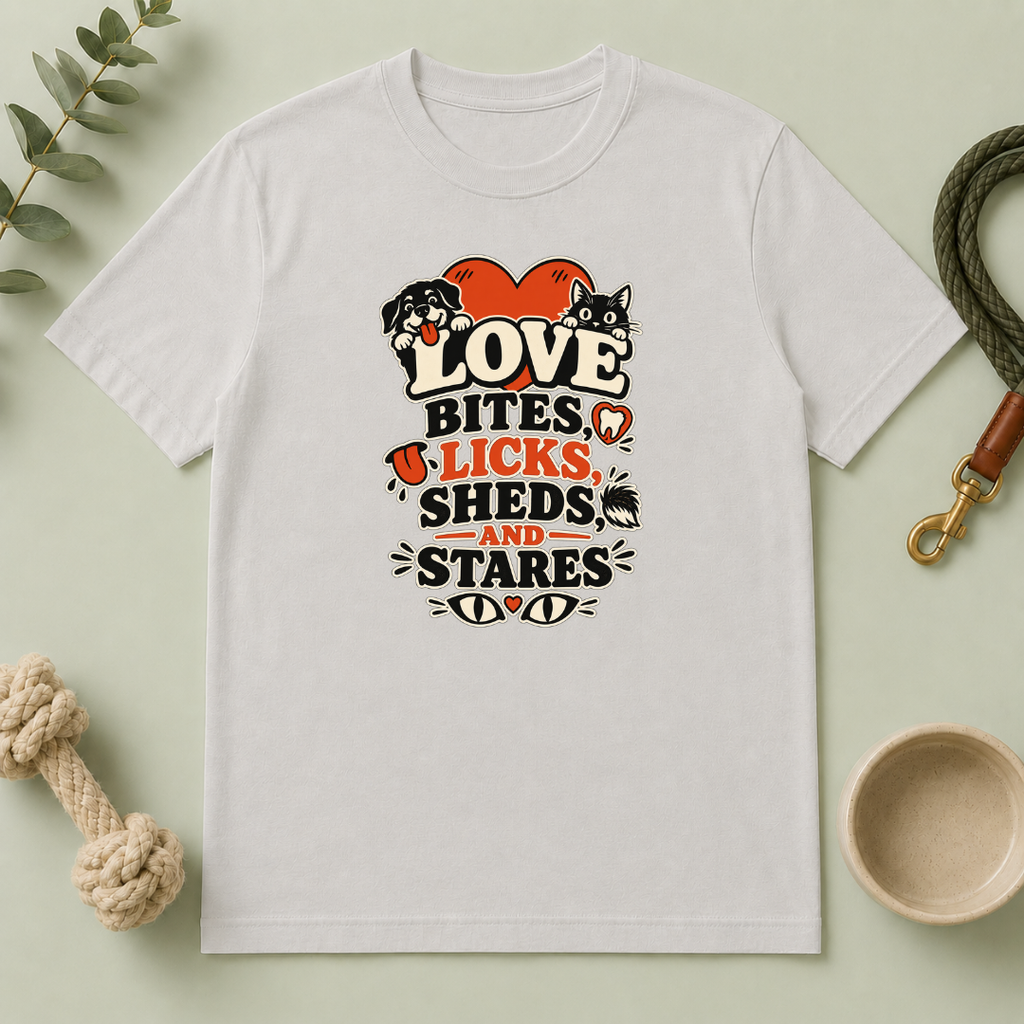 Love Bites Licks Sheds and Stares Valentine Pet T-Shirt