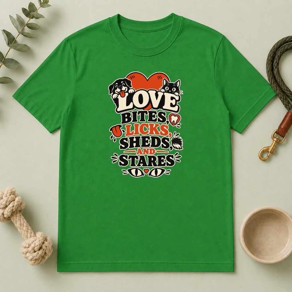 Love Bites Licks Sheds and Stares Valentine Pet T-Shirt