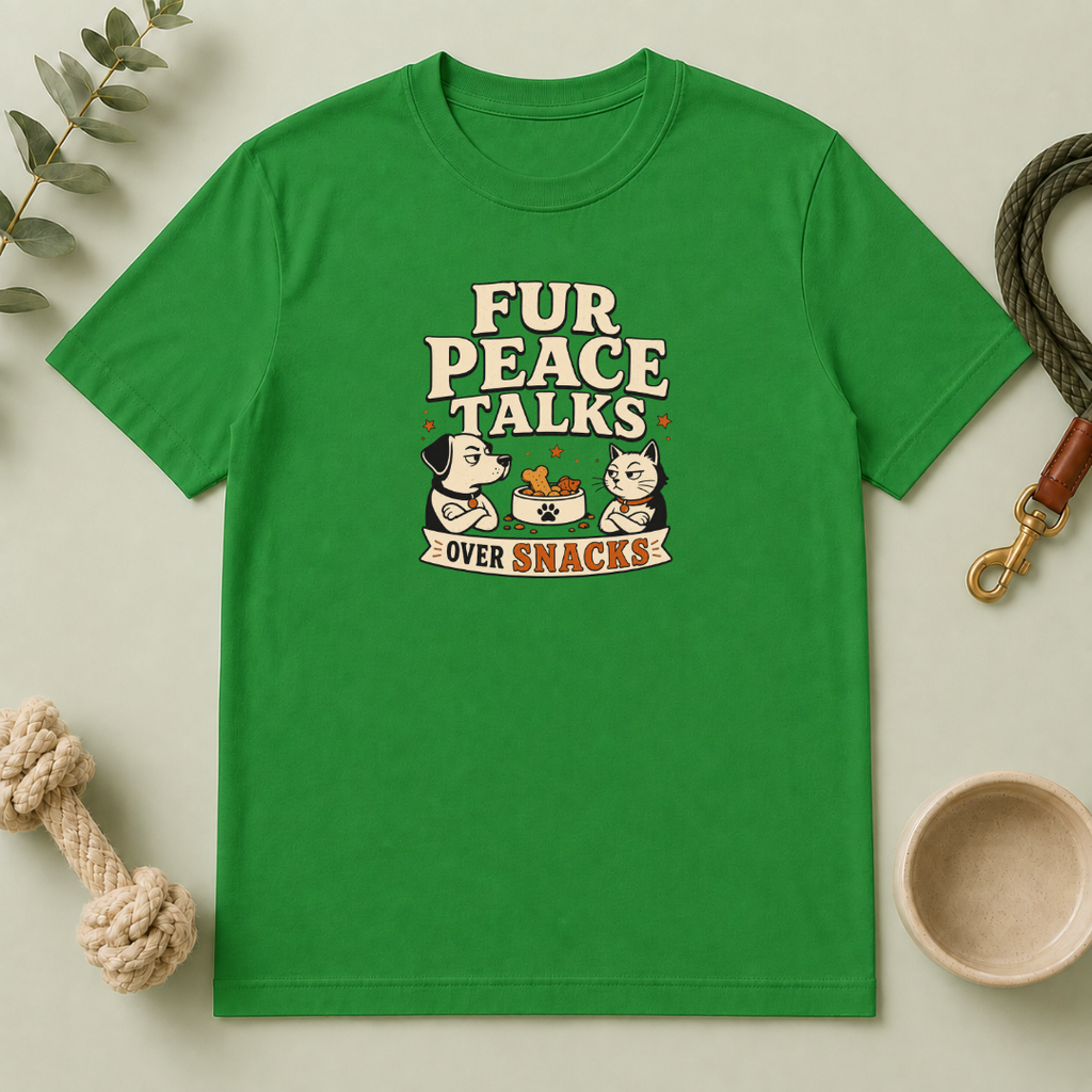 Fur Peace Talks Over Snacks – Dog & Cat Rivalry T-Shirt