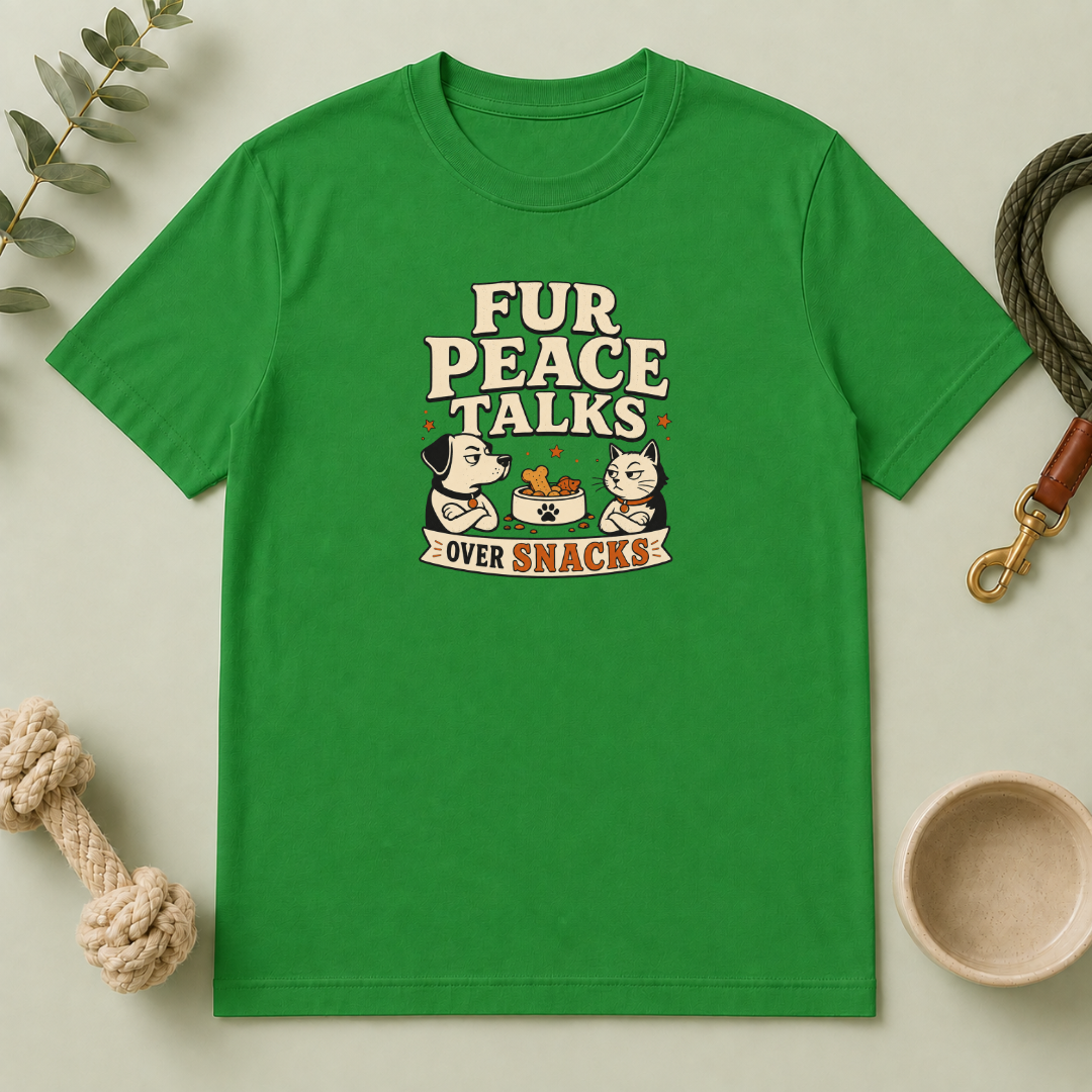 Fur Peace Talks Over Snacks – Dog & Cat Rivalry T-Shirt