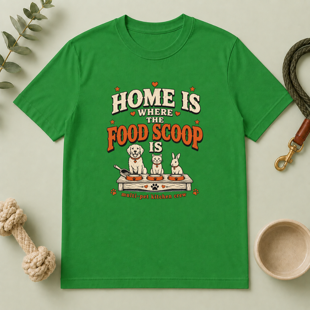 Home Is Where the Food Scoop Is – Multi-Pet Lifestyle T-Shirt