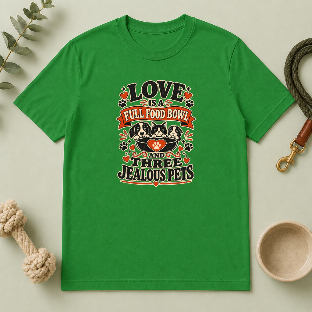 Love Is a Full Food Bowl and Three Jealous Pets Valentine T-Shirt
