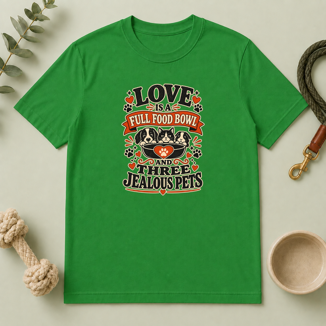 Love Is a Full Food Bowl and Three Jealous Pets Valentine T-Shirt