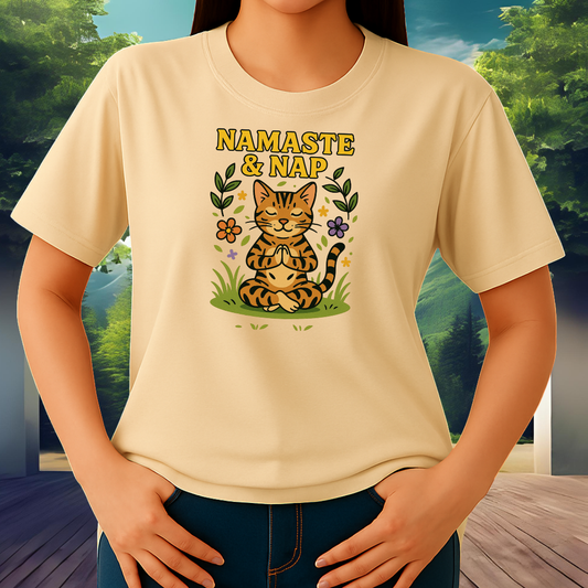 Namaste & Nap T-Shirt – Relaxed Yoga Cat Graphic Tee