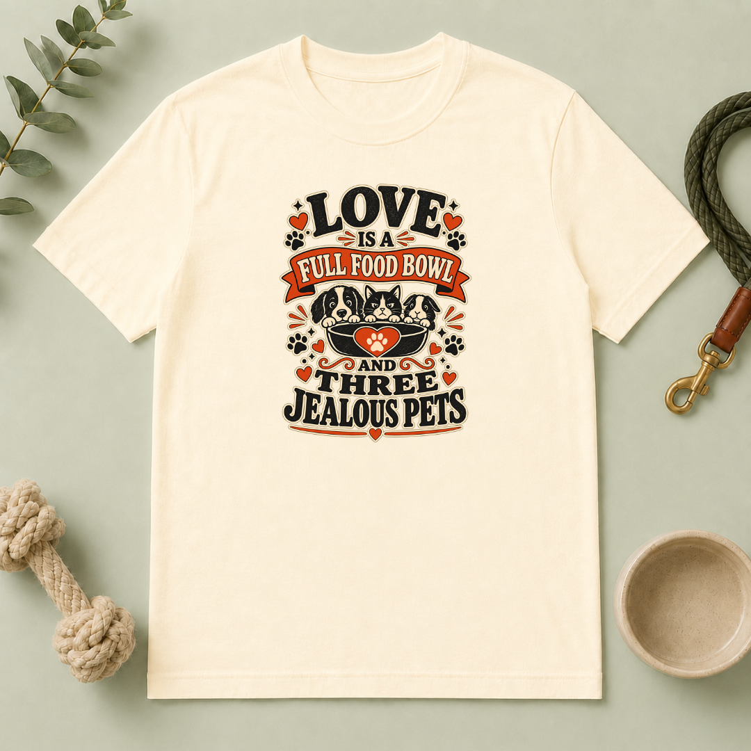 Love Is a Full Food Bowl and Three Jealous Pets Valentine T-Shirt