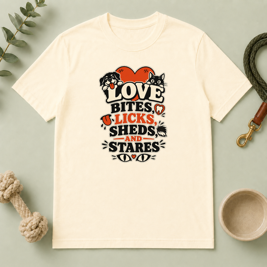 Love Bites Licks Sheds and Stares Valentine Pet T-Shirt