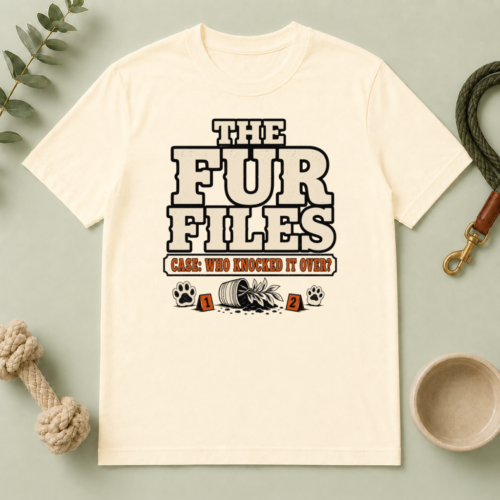 The Fur Files – Who Knocked It Over? Dog & Cat Rivalry T-Shirt