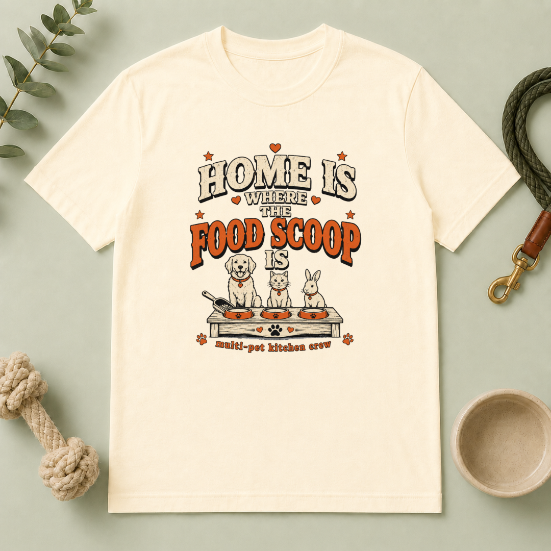 Home Is Where the Food Scoop Is – Multi-Pet Lifestyle T-Shirt