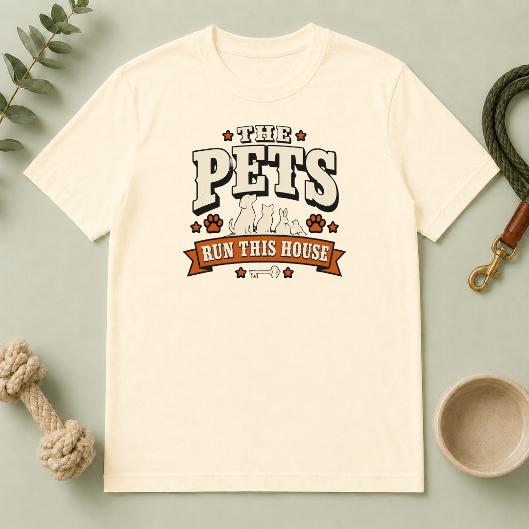 Pet Lover T‑Shirt — "The Pets Run This House" Retro Graphic