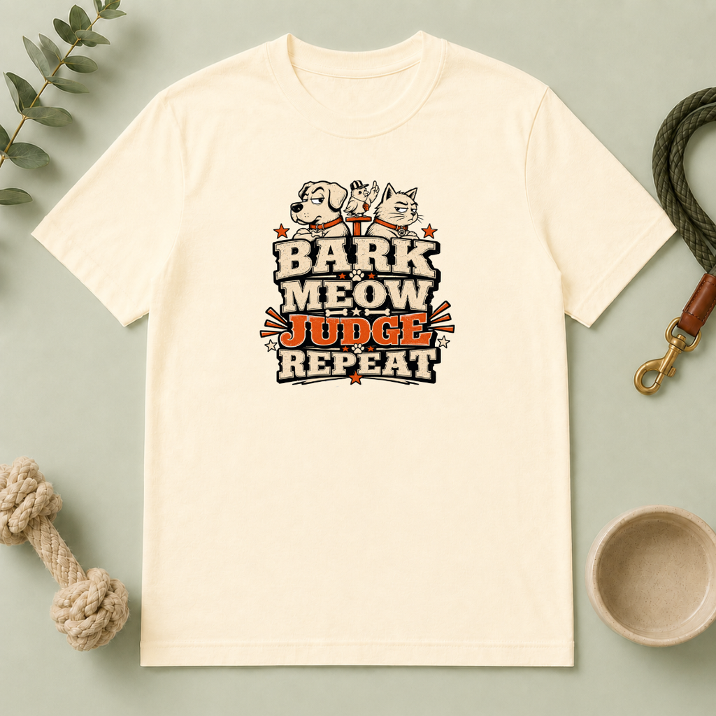 Bark Meow Judge Repeat – Funny Dog & Cat Pet Lover Tee