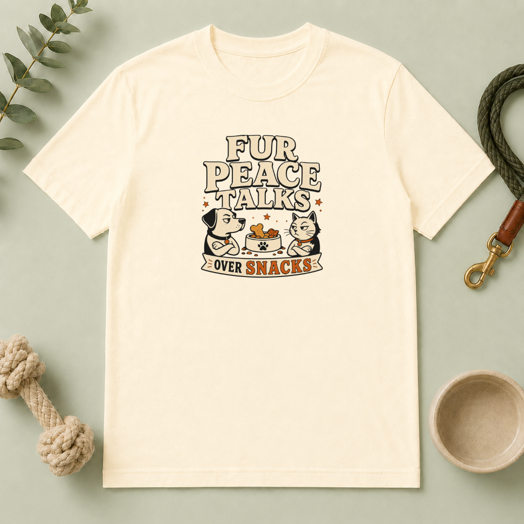 Fur Peace Talks Over Snacks – Dog & Cat Rivalry T-Shirt