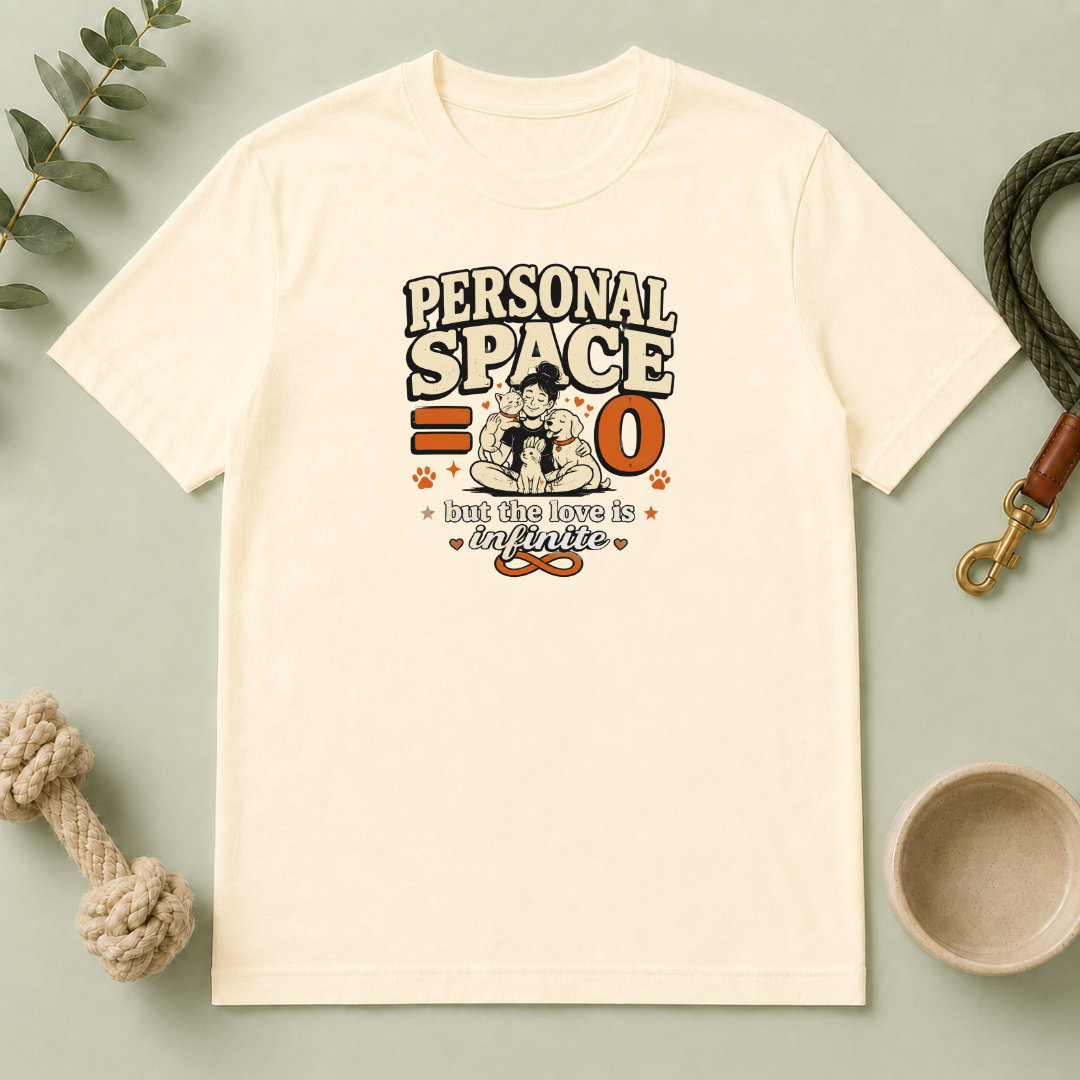"Personal Space 0 but the love is Infinite" Cute Retro Cat & Dog Graphic Tee