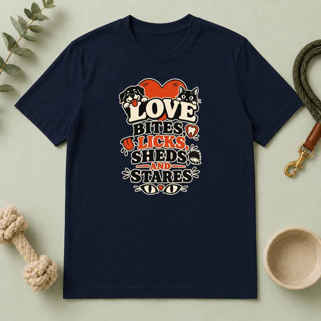 Love Bites Licks Sheds and Stares Valentine Pet T-Shirt