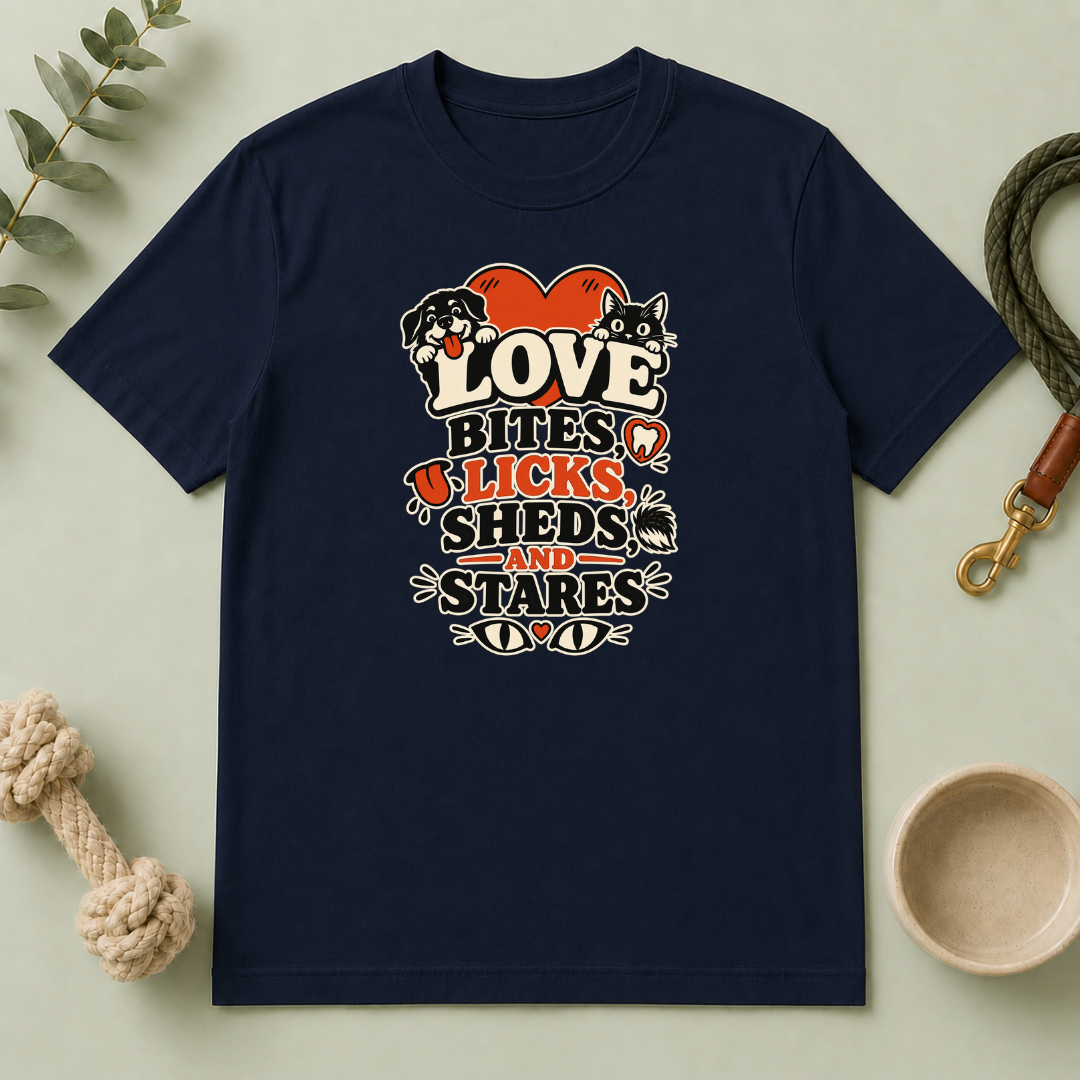 Love Bites Licks Sheds and Stares Valentine Pet T-Shirt