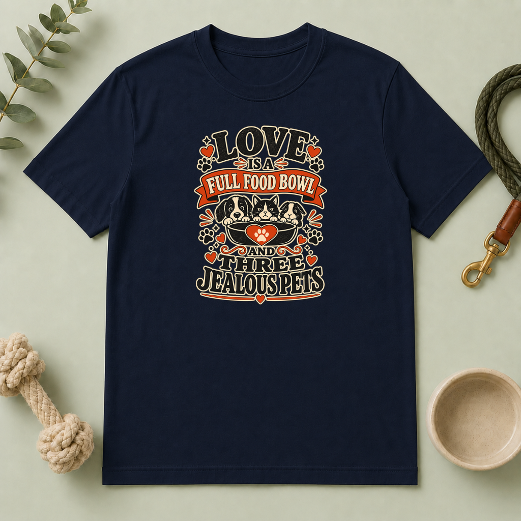 Love Is a Full Food Bowl and Three Jealous Pets Valentine T-Shirt