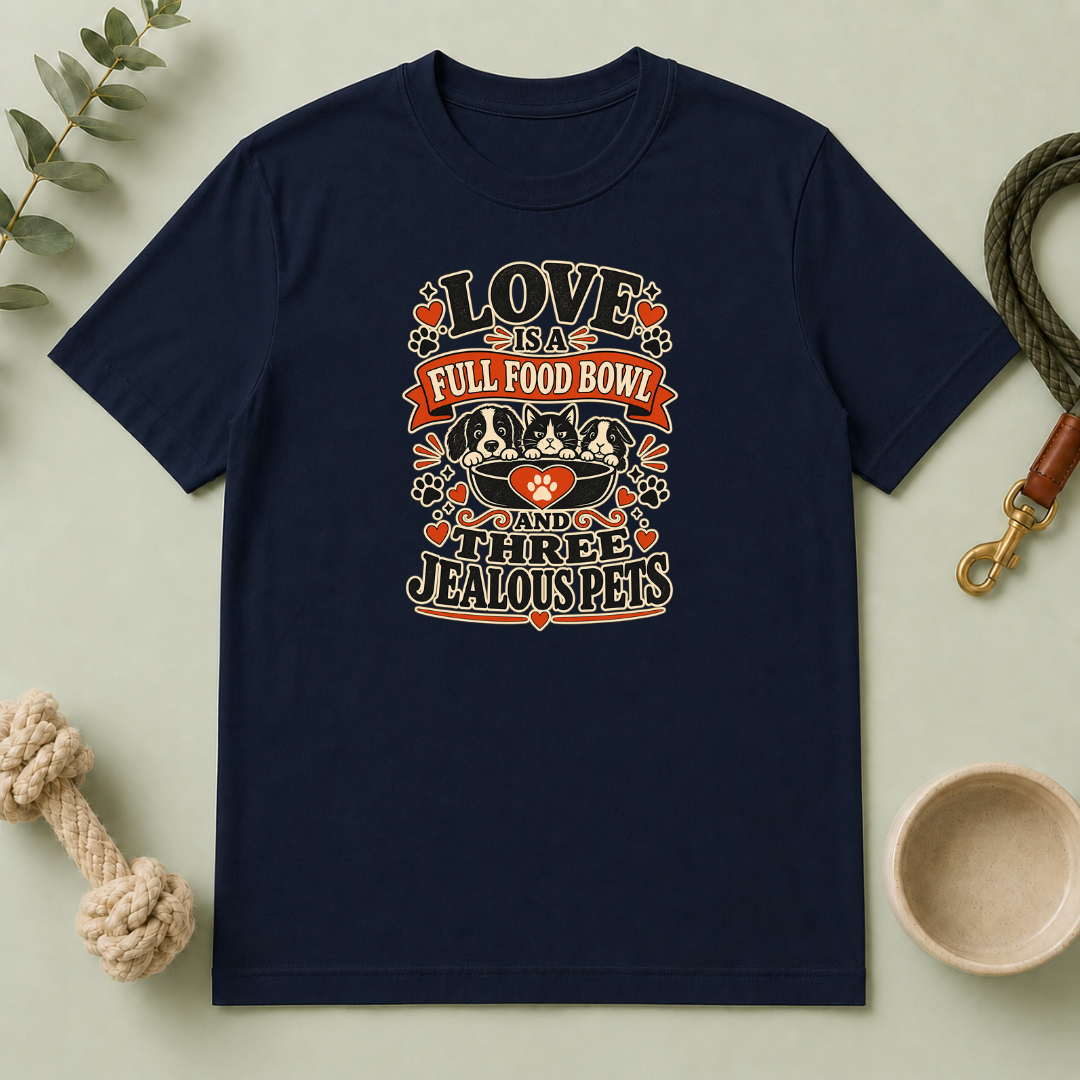 Love Is a Full Food Bowl and Three Jealous Pets Valentine T-Shirt