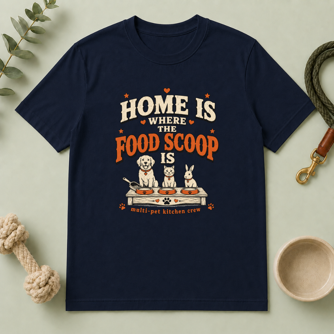 Home Is Where the Food Scoop Is – Multi-Pet Lifestyle T-Shirt