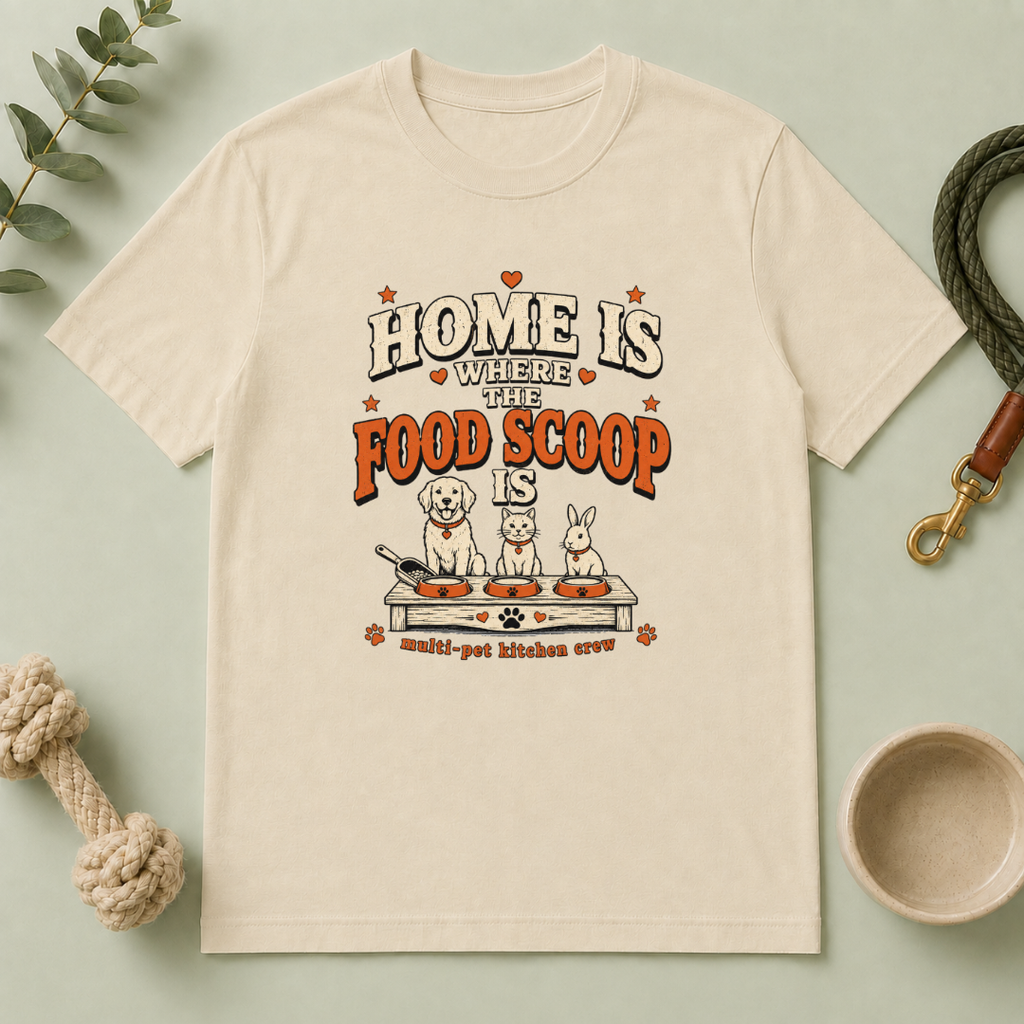 Home Is Where the Food Scoop Is – Multi-Pet Lifestyle T-Shirt